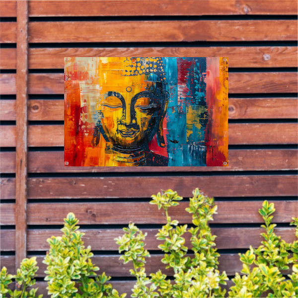 Abstracte Boeddha in Kleur met Dynamische Verf Stijlen tuinposter