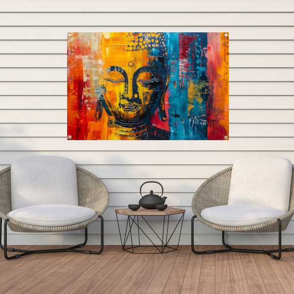 Abstracte Boeddha in Kleur met Dynamische Verf Stijlen tuinposter