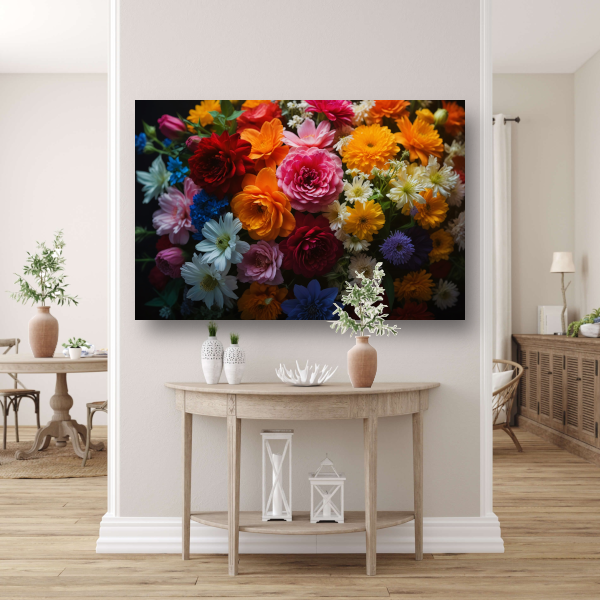 Levendige Bloemendiversiteit op Donkere Achtergrond poster