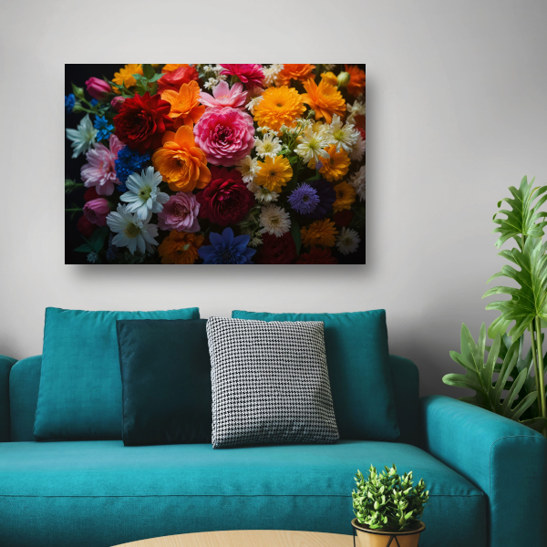 Levendige Bloemendiversiteit op Donkere Achtergrond poster