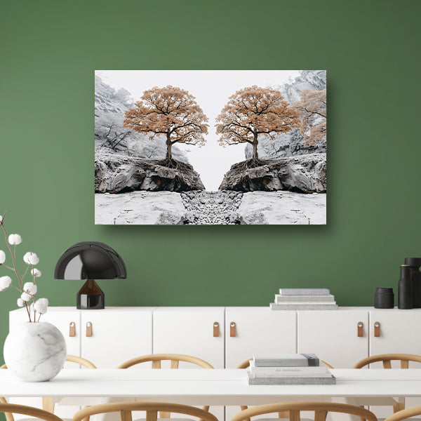 Symmetrische bomen boven rotsachtige kloof acrylglas