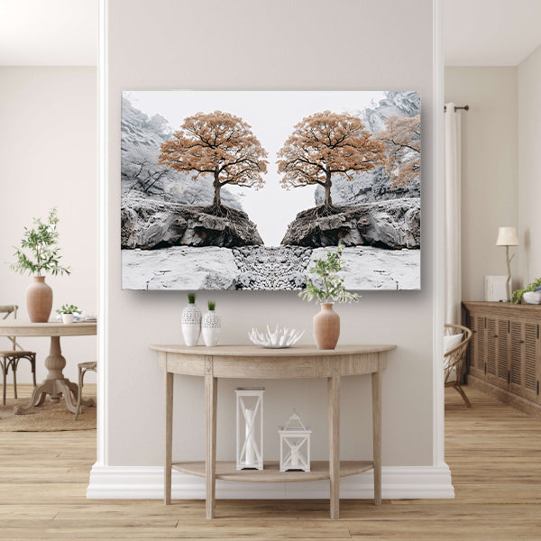 Symmetrische bomen boven rotsachtige kloof acrylglas