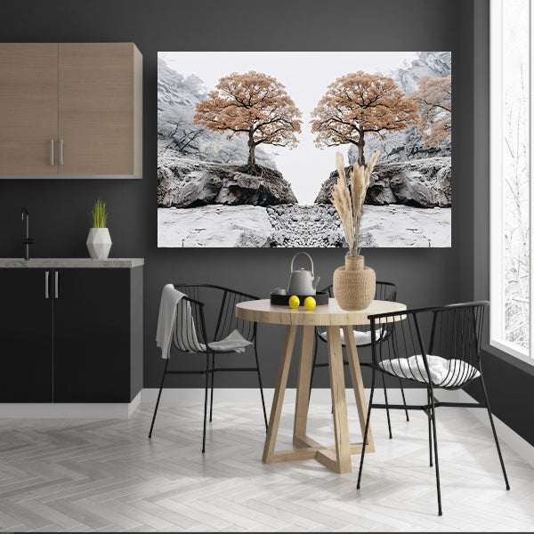 Symmetrische bomen boven rotsachtige kloof acrylglas