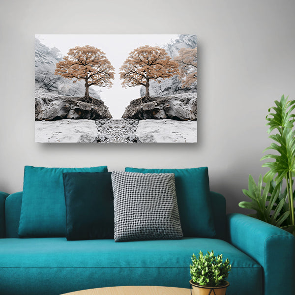 Symmetrische bomen boven rotsachtige kloof acrylglas