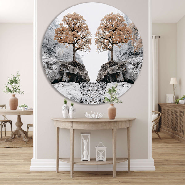 Symmetrische bomen boven rotsachtige kloof aluminium muurcirkel