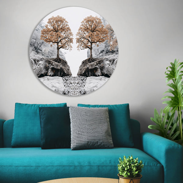 Symmetrische bomen boven rotsachtige kloof aluminium muurcirkel