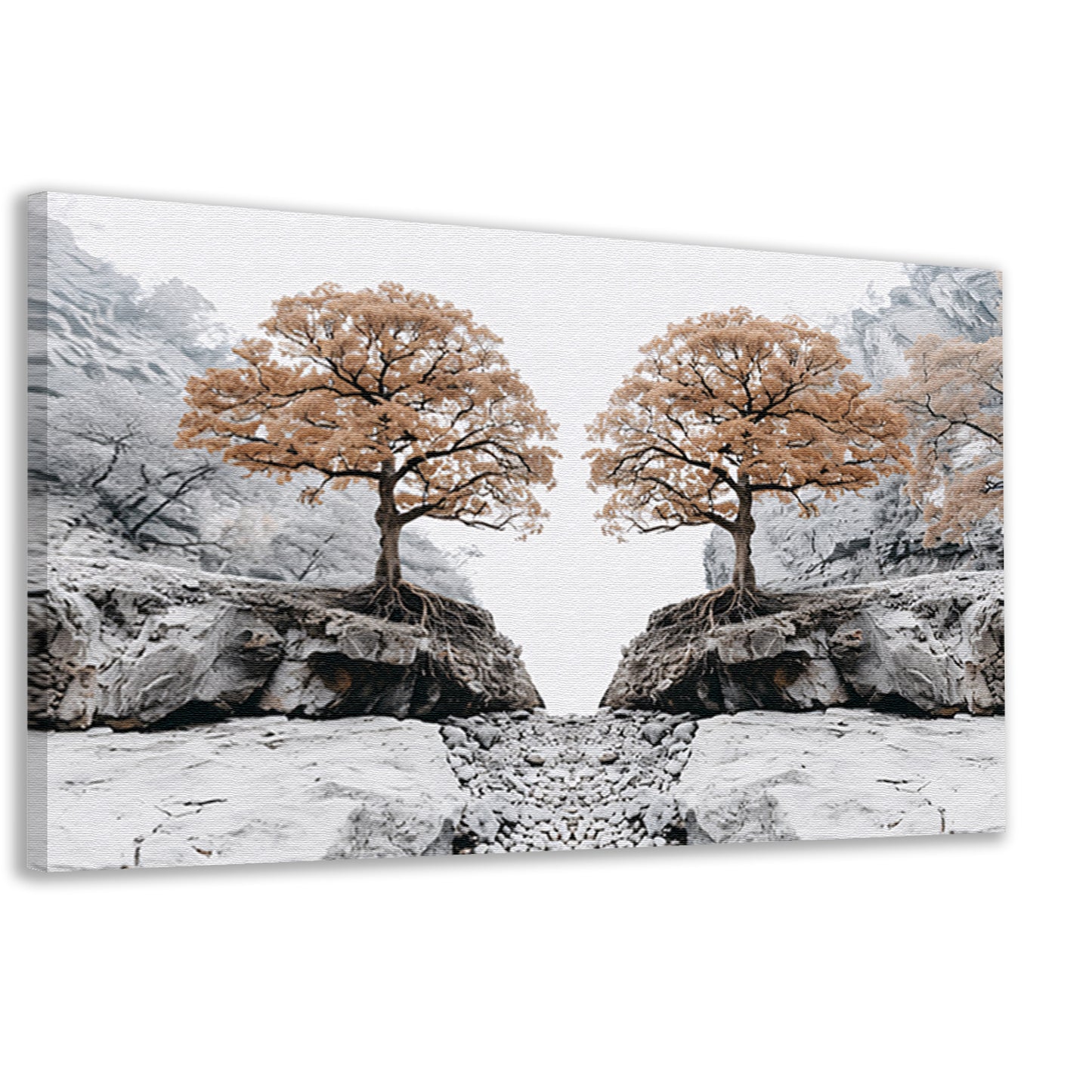 Symmetrische bomen boven rotsachtige kloof canvas