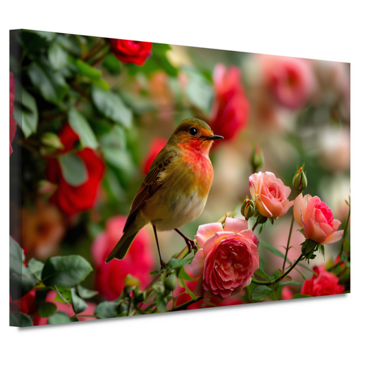 Elegante vogel rustend tussen roze rozen canvas
