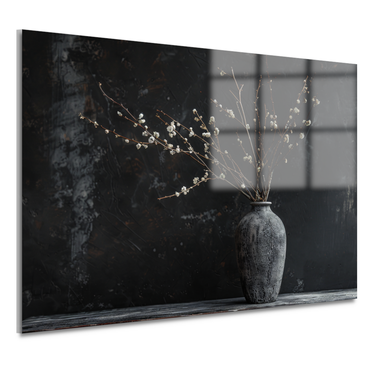 Rustieke Vaas en Takken op Zwarte Achtergrond acrylglas