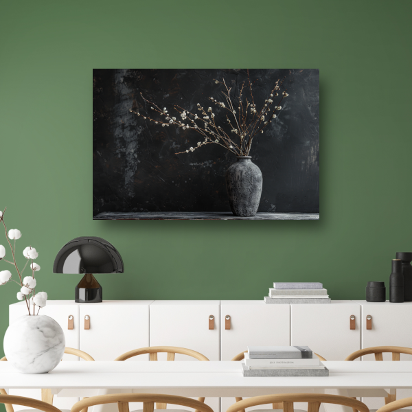 Rustieke Vaas en Takken op Zwarte Achtergrond acrylglas