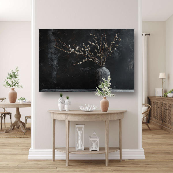 Rustieke Vaas en Takken op Zwarte Achtergrond acrylglas