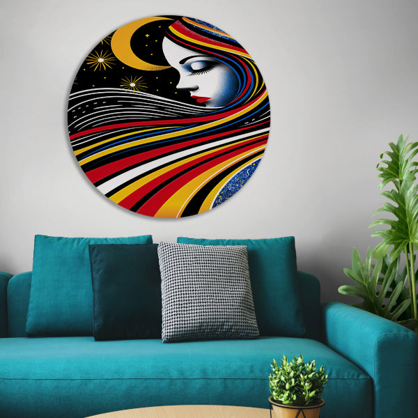 Portret van een vrouw met sterrenhemel aluminium muurcirkel