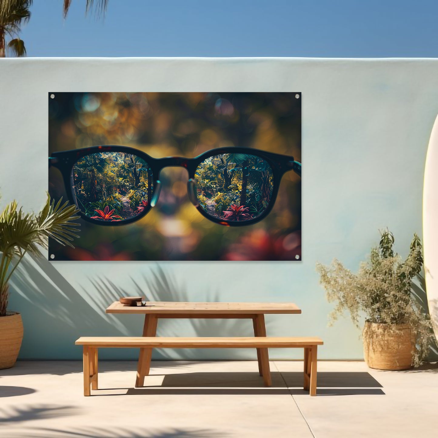 Natuurlandschap gezien door een bril tuinposter