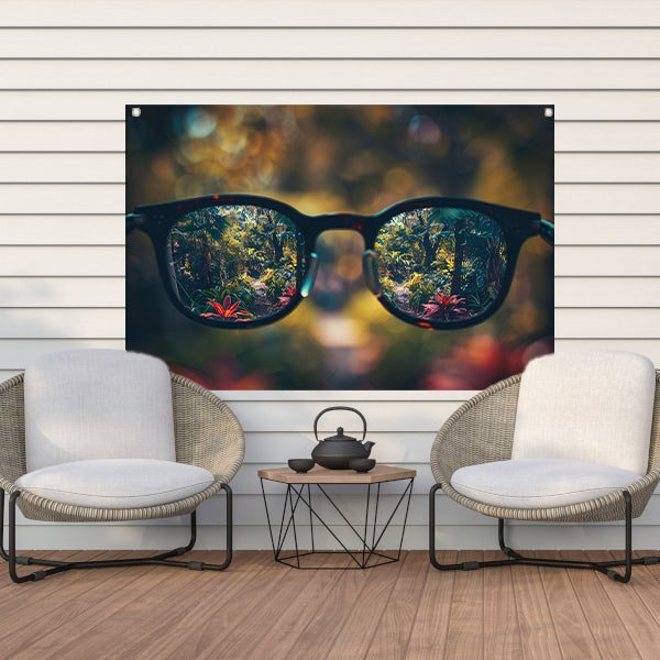 Natuurlandschap gezien door een bril tuinposter