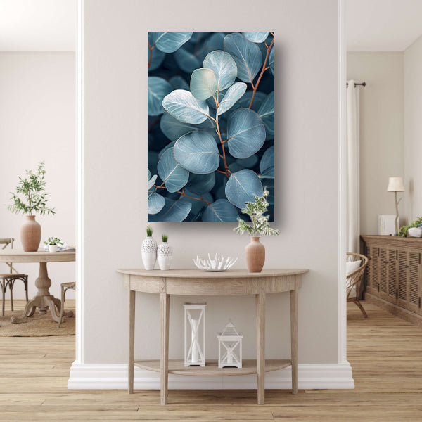Elegante eucalyptusbladeren in zilveren en blauwe tinten canvas