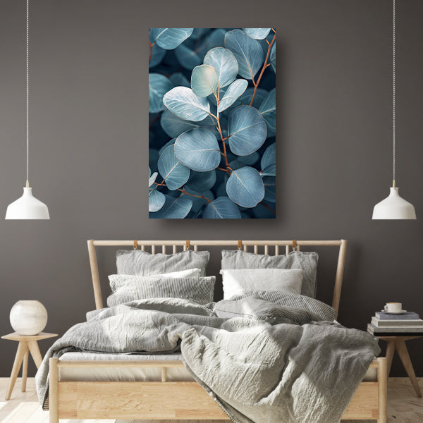 Elegante eucalyptusbladeren in zilveren en blauwe tinten canvas