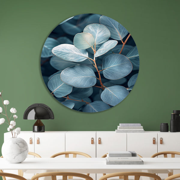 Elegante eucalyptusbladeren in zilveren en blauwe tinten forex muurcirkel