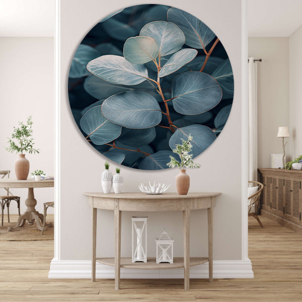 Elegante eucalyptusbladeren in zilveren en blauwe tinten forex muurcirkel