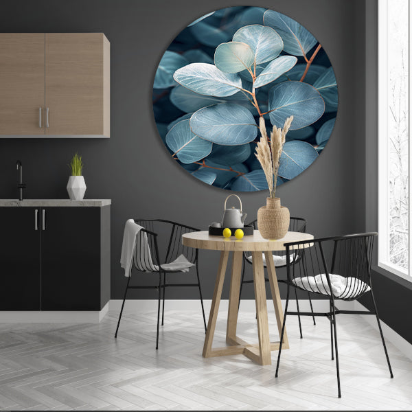 Elegante eucalyptusbladeren in zilveren en blauwe tinten forex muurcirkel