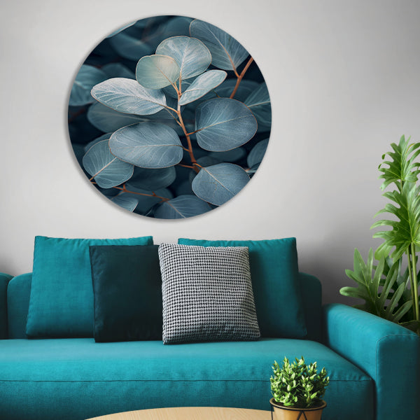 Elegante eucalyptusbladeren in zilveren en blauwe tinten forex muurcirkel