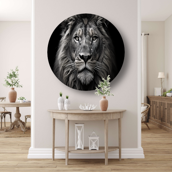Zwart-wit portret van een leeuw aluminium muurcirkel