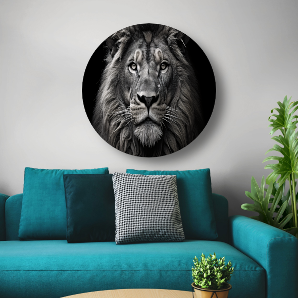 Zwart-wit portret van een leeuw aluminium muurcirkel