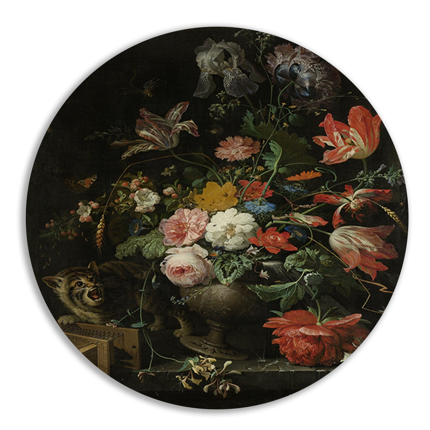 Bloemstilleven met kat en muizenval - Abraham Mignon aluminium muurcirkel