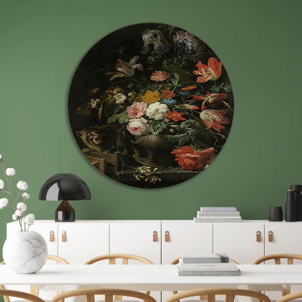 Bloemstilleven met kat en muizenval - Abraham Mignon aluminium muurcirkel