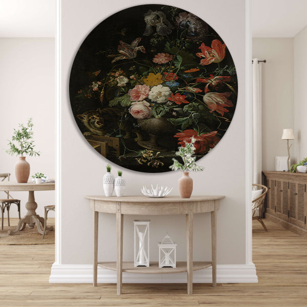 Bloemstilleven met kat en muizenval - Abraham Mignon aluminium muurcirkel