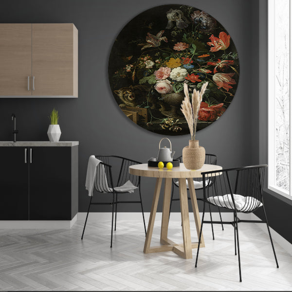 Bloemstilleven met kat en muizenval - Abraham Mignon aluminium muurcirkel