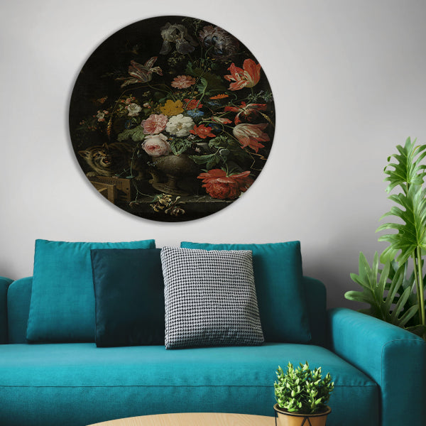 Bloemstilleven met kat en muizenval - Abraham Mignon aluminium muurcirkel
