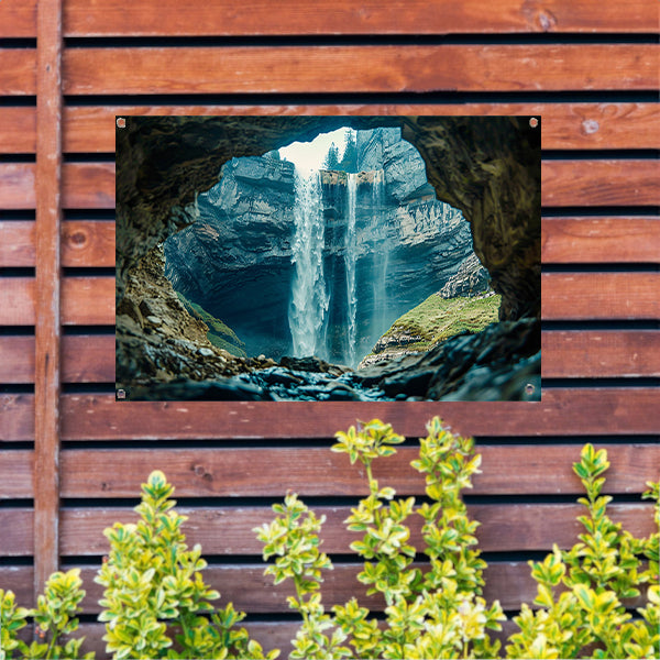 Waterfall seen through rocky cave opening tuinposter