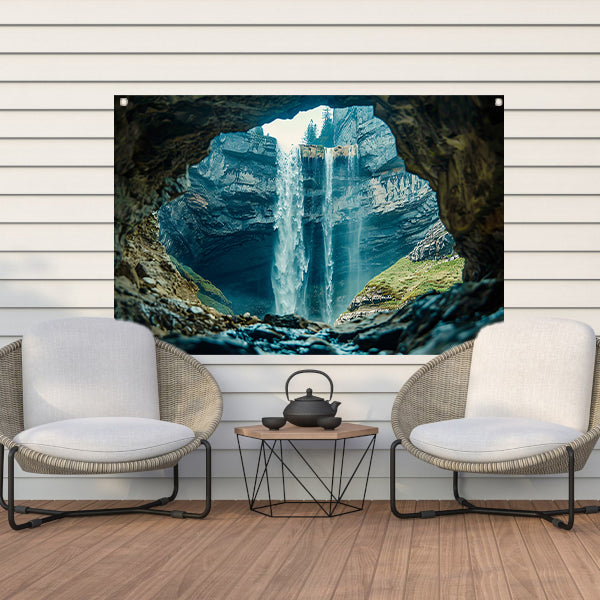 Waterfall seen through rocky cave opening tuinposter
