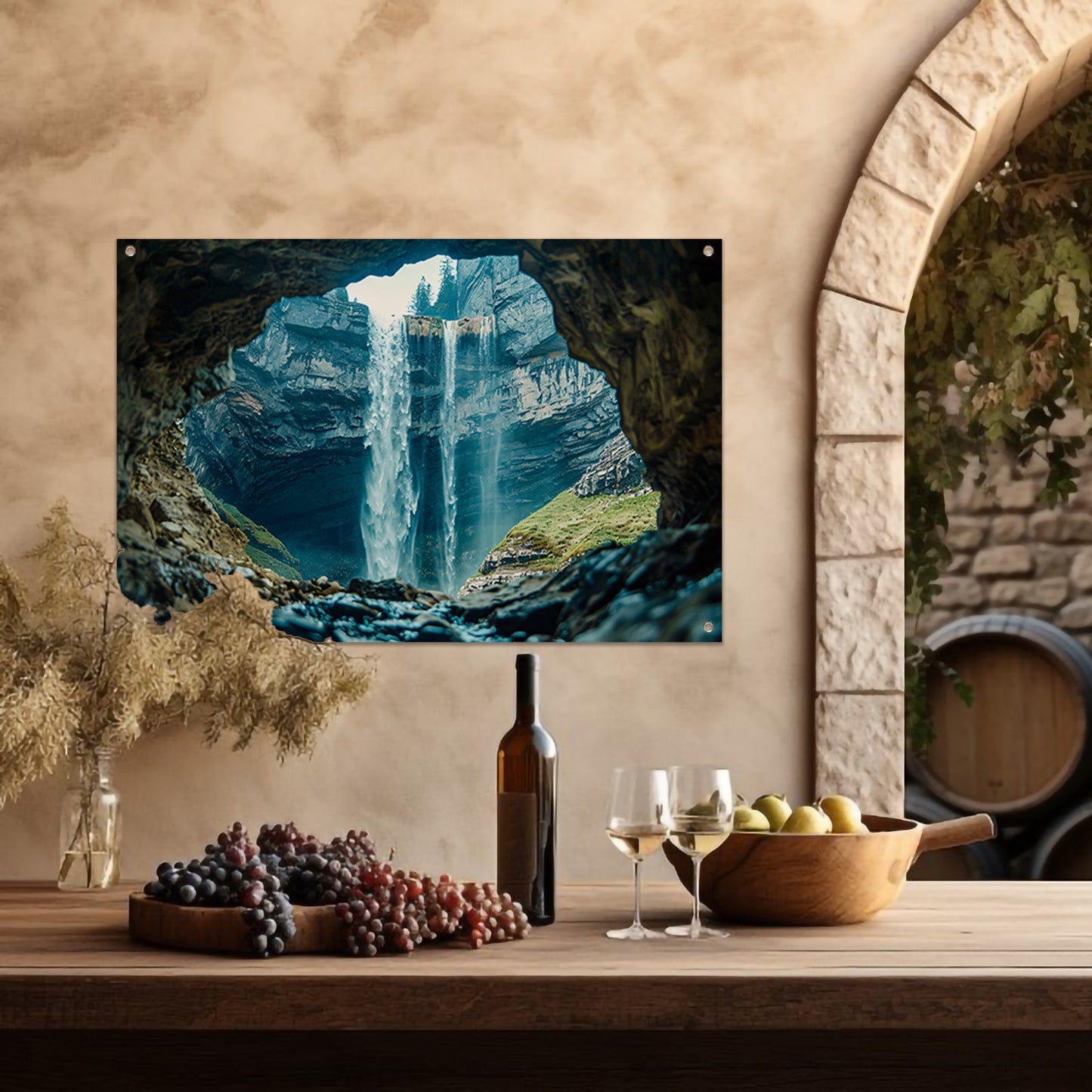 Waterfall seen through rocky cave opening tuinposter