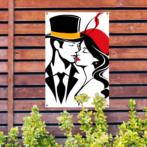 Elegante lijntekening van een kussend paar tuinposter