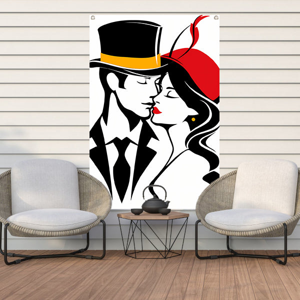 Elegante lijntekening van een kussend paar tuinposter
