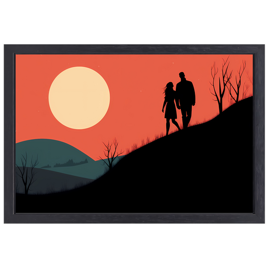 Silhouetten tegen de avondzon canvas met baklijst