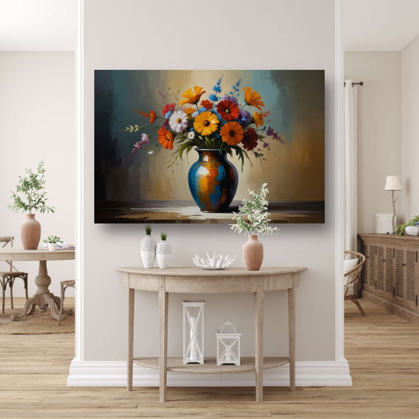 Impressionistische bloemenpracht in kleurrijke vaas canvas met baklijst