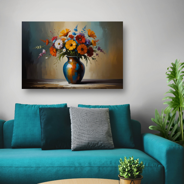 Impressionistische bloemenpracht in kleurrijke vaas canvas met baklijst