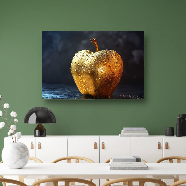 Gouden appel met glinsterende waterdruppels op donkere achtergrond poster