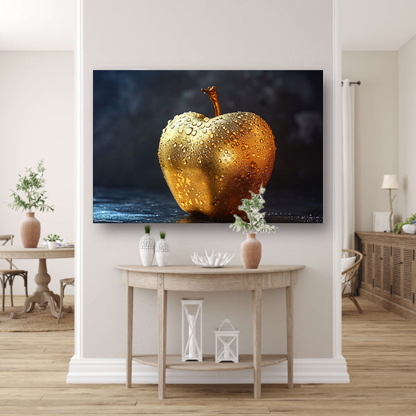 Gouden appel met glinsterende waterdruppels op donkere achtergrond poster