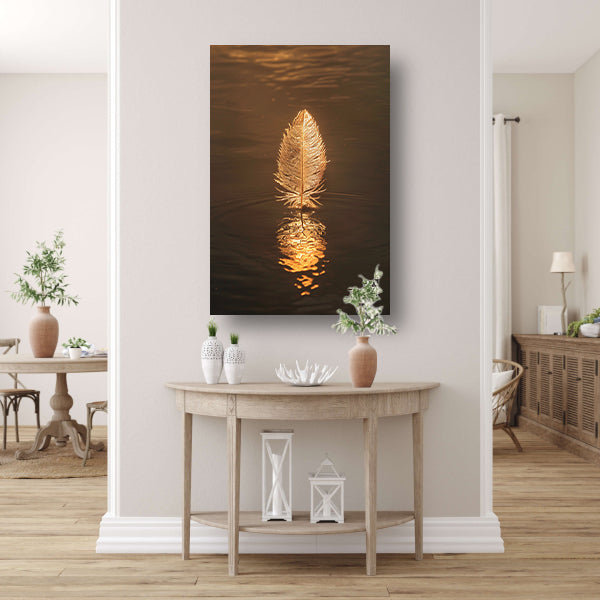 Gouden veer drijvend op rustig water bij zonsondergang canvas