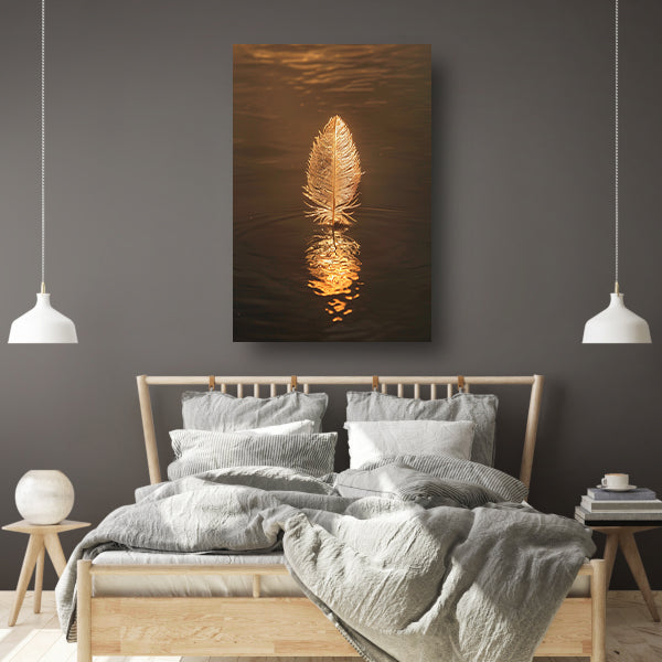 Gouden veer drijvend op rustig water bij zonsondergang canvas