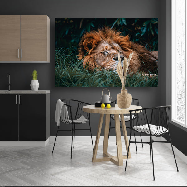 Leeuw Slaapt Kalm in Groen Gras poster