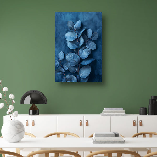 Minimalistische weergave van blauwe bladeren op een donkere achtergrond canvas