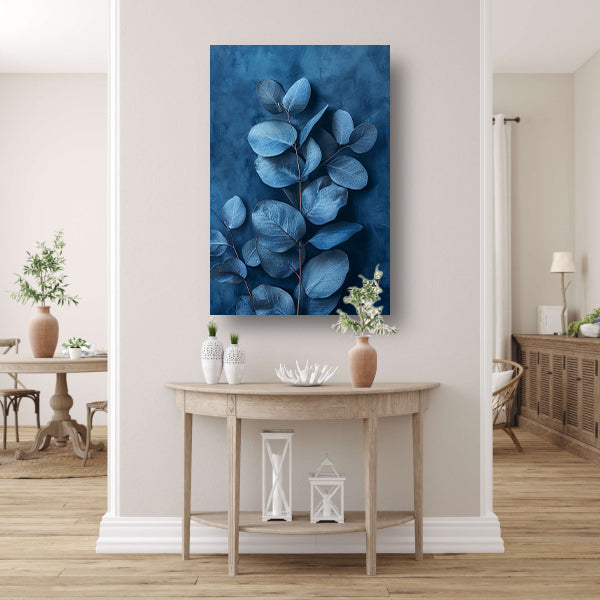 Minimalistische weergave van blauwe bladeren op een donkere achtergrond canvas