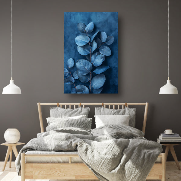Minimalistische weergave van blauwe bladeren op een donkere achtergrond canvas