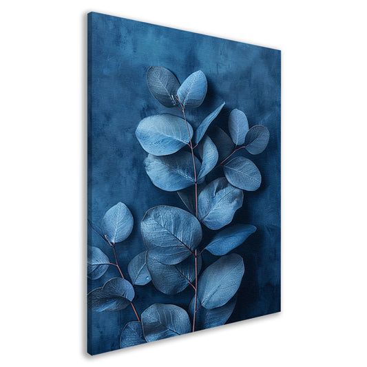 Minimalistische weergave van blauwe bladeren op een donkere achtergrond canvas