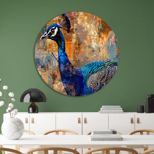 Abstracte pauw kunst met dynamische kleuren aluminium muurcirkel