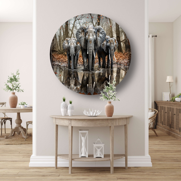 Olifanten met Waterreflectie in Boslandschap aluminium muurcirkel